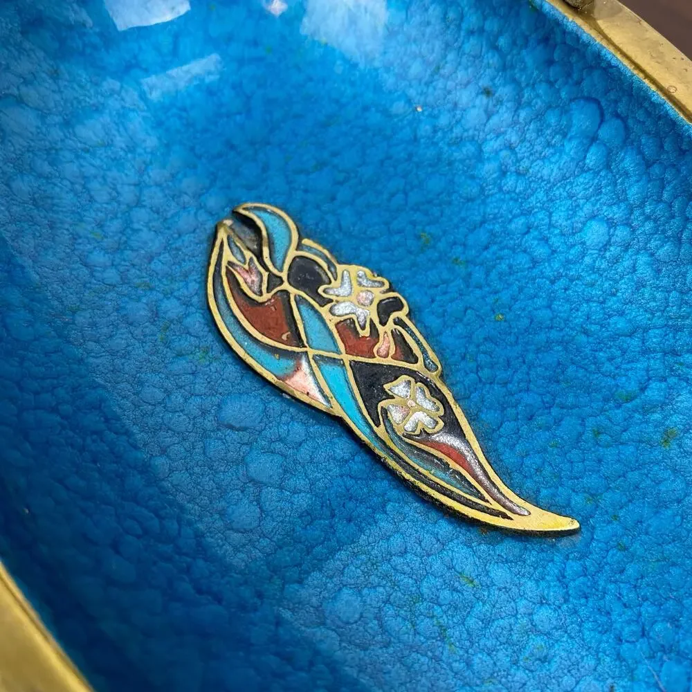 Vintage MCM Judaica Brass Blue Enamel Pedestal Bowl Handmade In Israel Decor